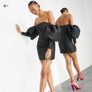 ASOS EDITION puff sleeve off-shoulder mini dress.